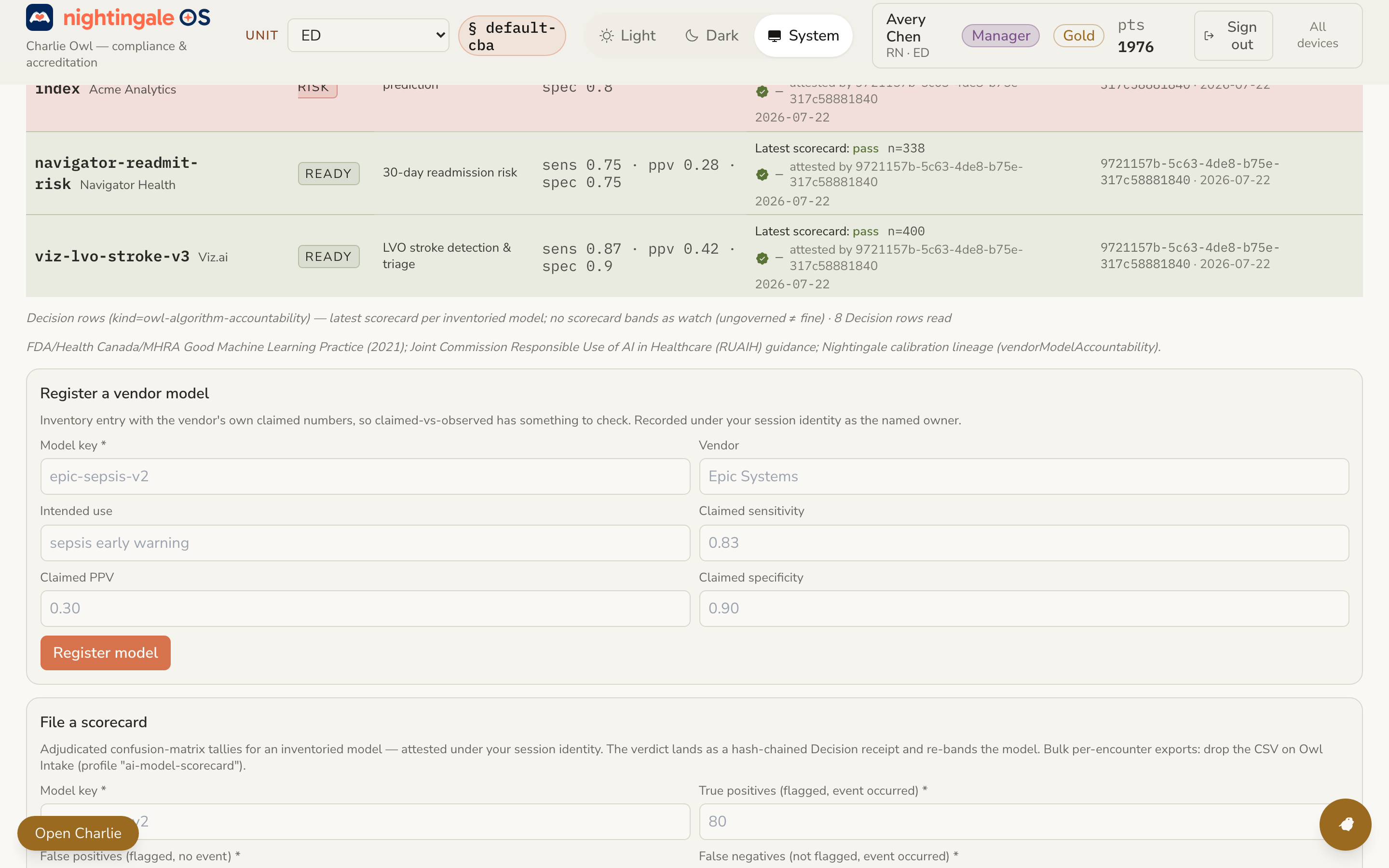 Screenshot of the Owl algorithm-accountability scorecard — vendor models graded against their own outcomes, with subgroup calibration and drift over time