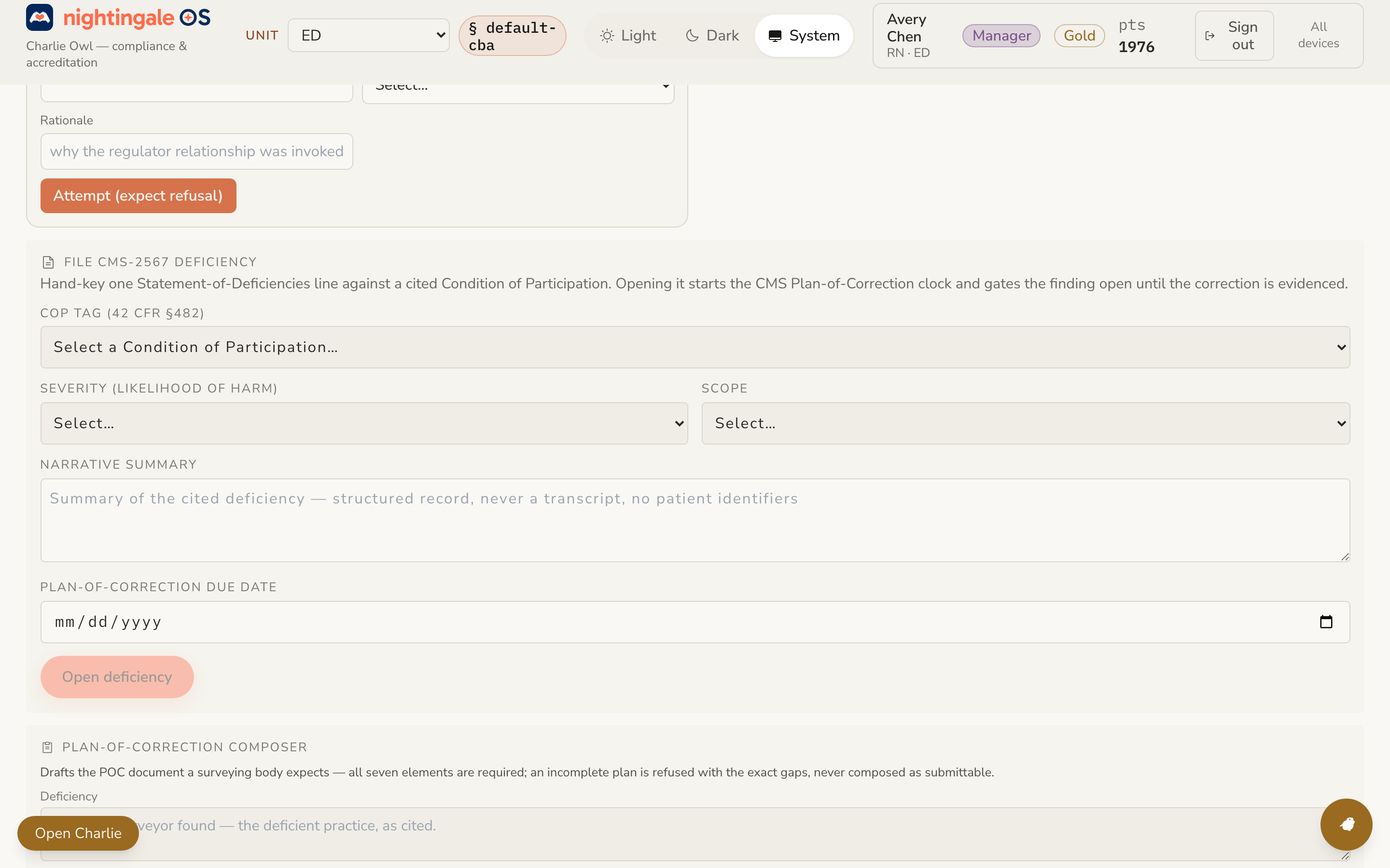 Screenshot of the Owl CMS-2567 deficiency and Plan-of-Correction composer, drafted against the cited standard