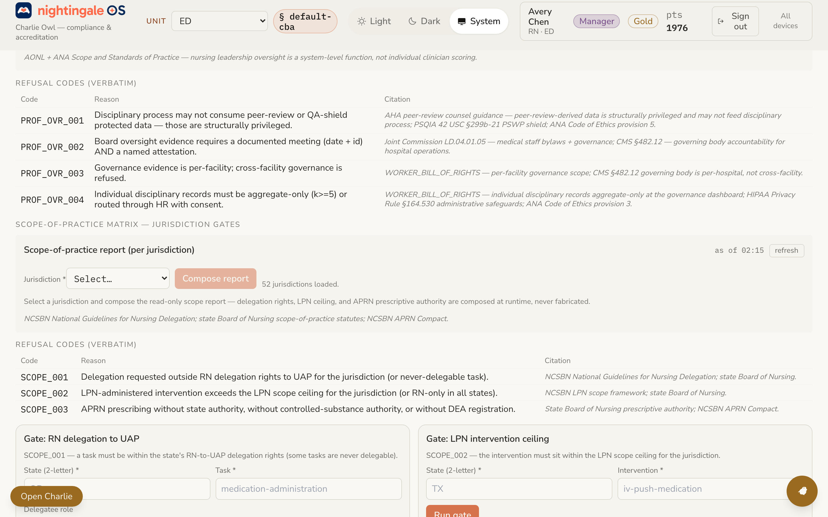 Screenshot of the Owl 50-state scope-of-practice matrix — practice-act rules resolved per state