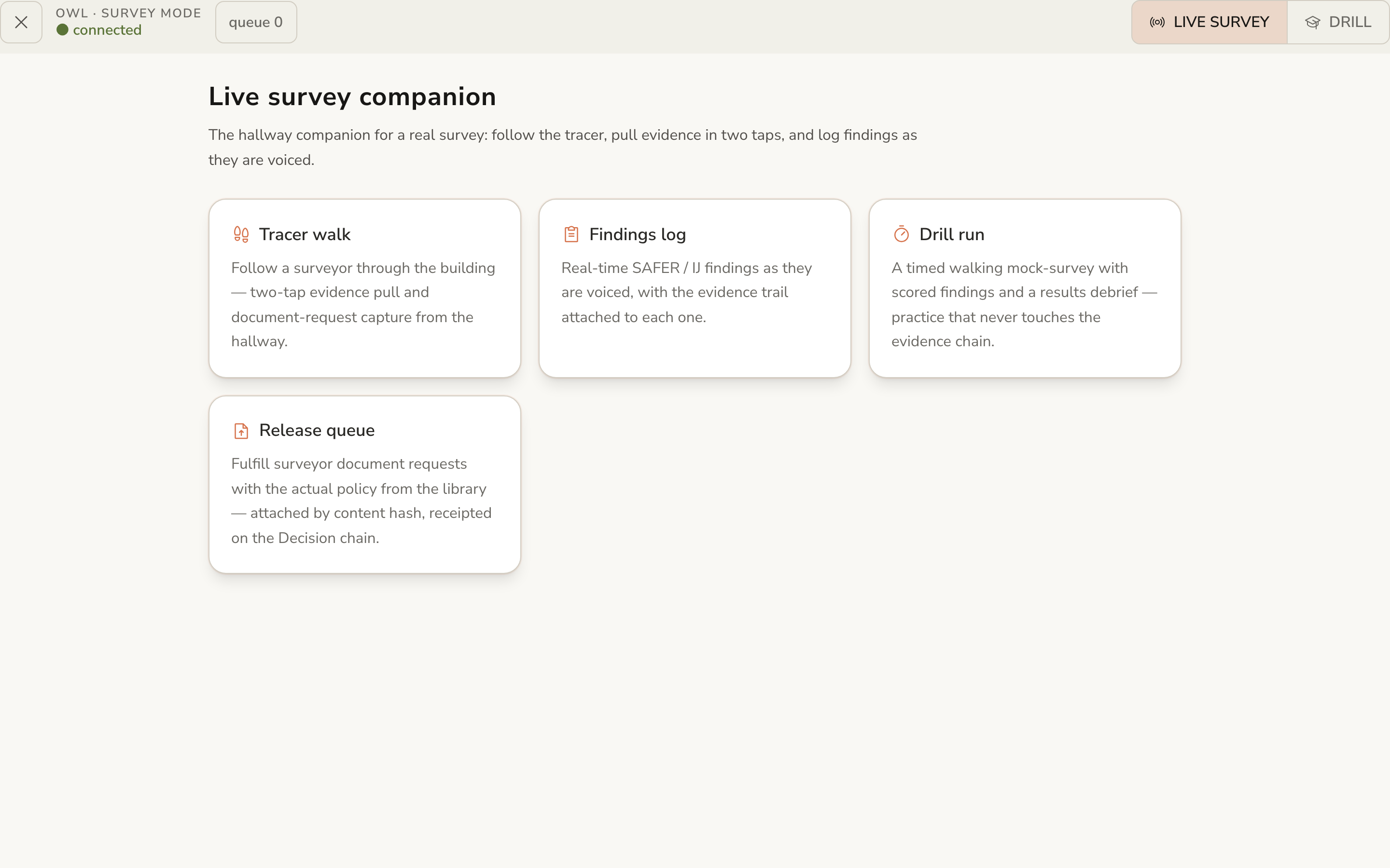 Screenshot of Owl Survey Mode — the in-pocket tracer walk with two-tap evidence pull and live findings capture